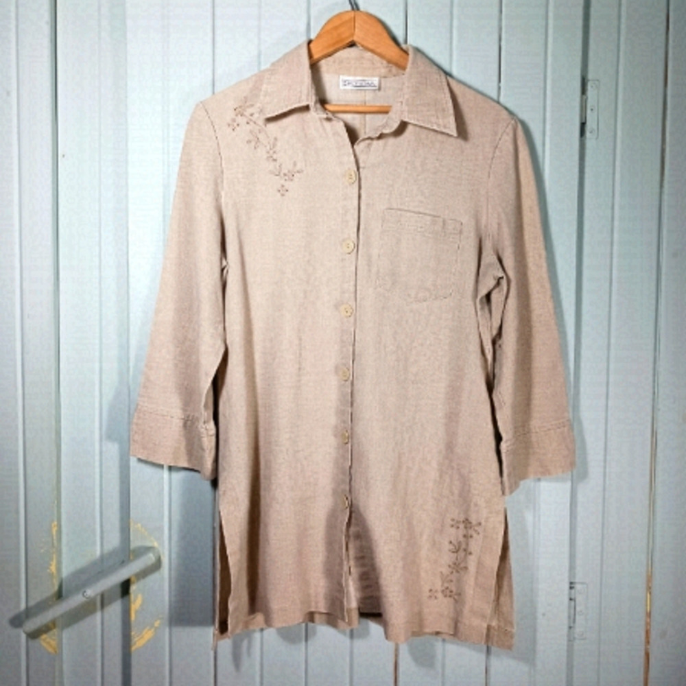 VINTAGE embroidered floral longline linen blend tunic blouse